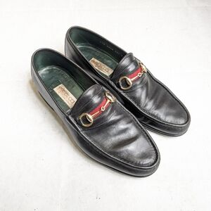 Gucci Men’s Black Leather Horsebit Loafers with Red Web 11 Narrow